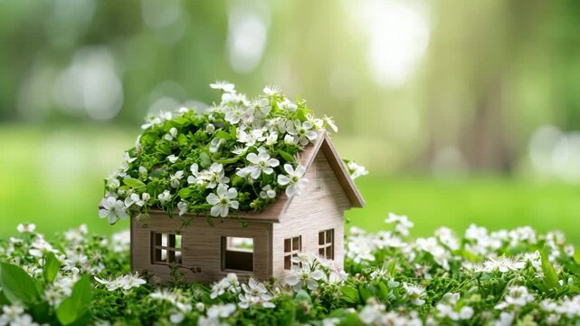 Small wooden house with white flowers blooming on and around the roof, eco green miniature cottage symbolizing sustainable living and harmony with nature