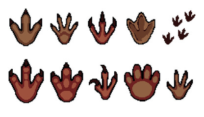 Fototapeta premium Pixel art dinosaur footprints set with various prehistoric animal tracks and claw marks, perfect for retro video game design and digital projects.