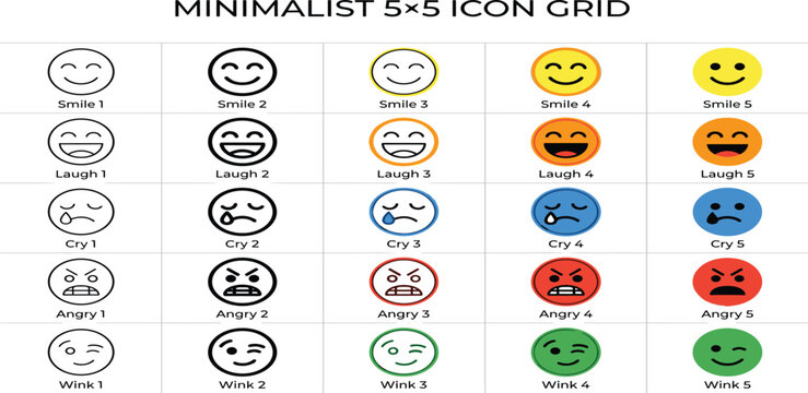 Collection of minimalist 5x5 emoji icons representing various emotions like smiles, laughter, crying, anger, and worry on a white background