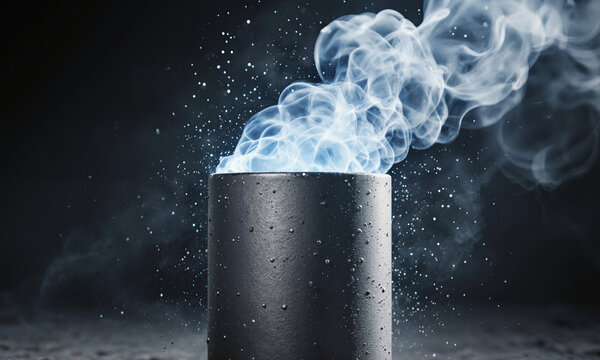 Molten vapor crucible emitting blue light and misty particles in a dark industrial setting creating a mysterious mood