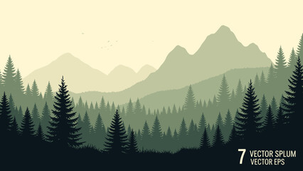 Fototapeta premium Serene Vector Landscape Depicting Silhouetted Evergreen Trees and Mountains