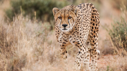 Fototapeta premium Cheetah big cat predator savannah wildlife Africa walking alert spotted fur feline Cheetah big cat predator dry savannah grassland walking alert with focused stare and spotted fur natural wildlife