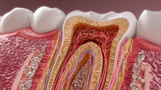 Tooth anatomy dental nerve tooth root dental pulp enamel cross section illustration shows detailed structure of human molar crown root gum and jaw tissue for medical education concept