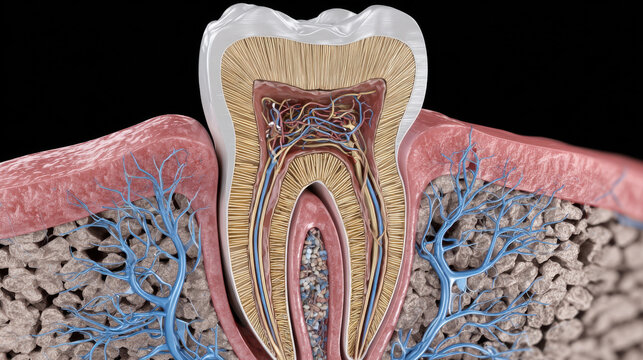 Tooth anatomy dental nerve tooth root dental pulp tooth enamel gum tissue periodontal ligament jaw bone blood vessel nerve fiber 3d render of tooth anatomy dental nerve tooth root dental pulp