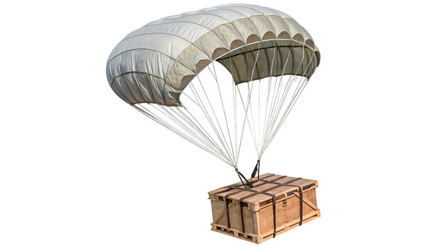 Parachute descends with wooden crate during aerial delivery operation over open landscape in bright daylight on a transparent background.