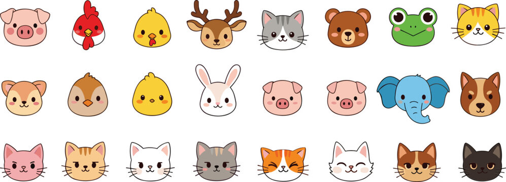 Cute animal faces vector set featuring cat dog pig rabbit frog bear and farm animals in kawaii cartoon style isolated