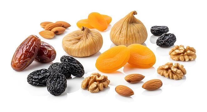 Assorted varieties of dried fruits and nuts displayed together