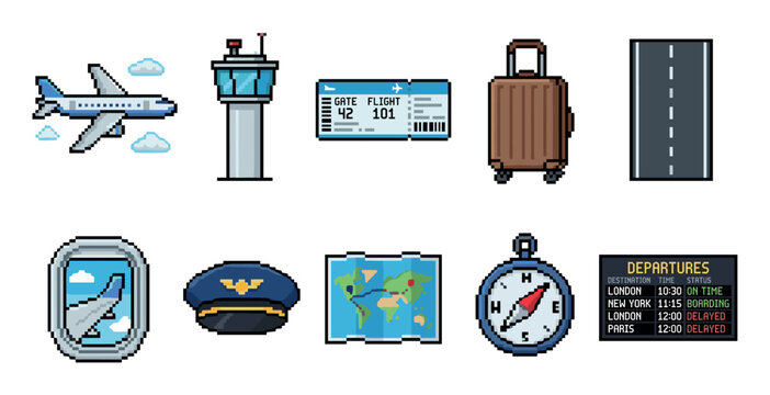 Comprehensive collection of air travel and airport related pixel art icons, perfect for digital design, retro games, and user interfaces.
