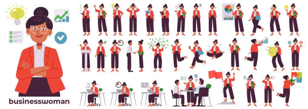 Set of business woman characters in a flat style. Office worker poses, gestures, and emotions, workflow and corporate activities