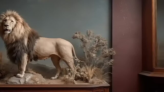 Detailed display featuring taxidermied lion and deer, blending natural history with interior aesthetics creating a compelling juxtaposition