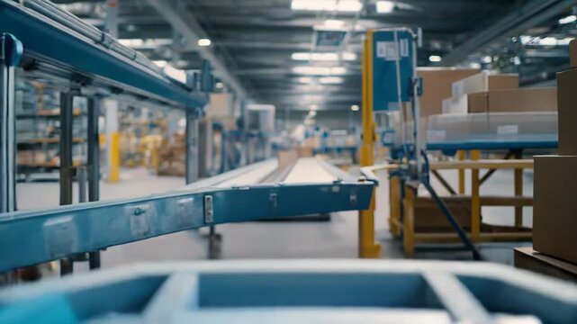 Roller conveyor belt moving rapidly, navigating packages through an expansive automated distribution center, highlighting efficiency and advanced logistics technology for fast shipping