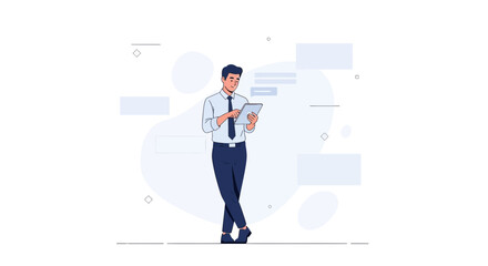 Obraz premium Business man using tablet, modern flat design, communication concept, light blue background