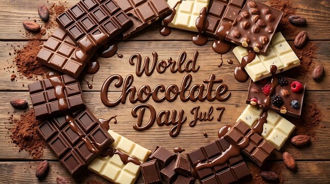 World chocolate day celebration with assorted chocolate bars and cocoa beans arranged in a circular frame with dark chocolate with white chocolate with milk chocolate with hershey s with kit kat