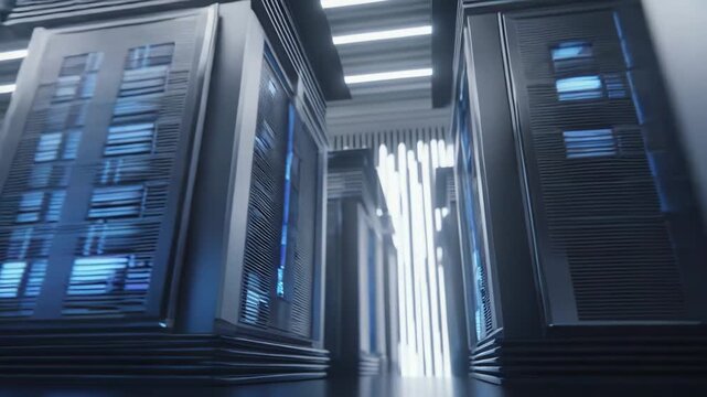 Data center racks lining a corridor, generating an abstract perspective of digital information flow, technology, and robust server architecture for cloud computing