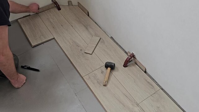 Installing wooden floor tiles in a home renovation project in a living room
