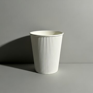 Plain white ribbed paper cup standing alone on a flat surface with soft shadow effect