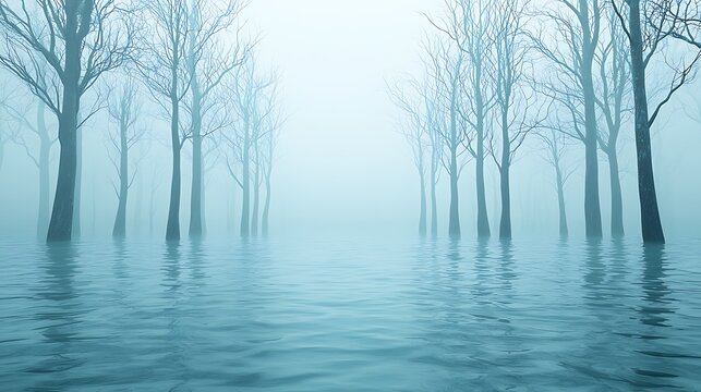 Ethereal Landscape with Leafless Trees in Misty Water Surrounded by Soft Fog