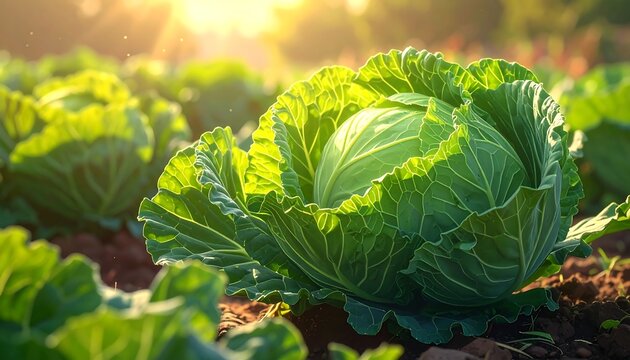 A large green cabbage in a garden with sunlight