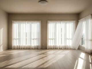 Fototapeta premium Bright and airy interior with flowing curtains and sunlit parquet floor
