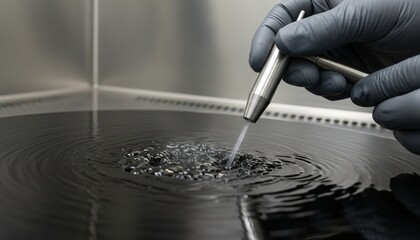 Fototapeta premium Gloved Hand Pipetting Liquid onto Dark Surface in Laboratory