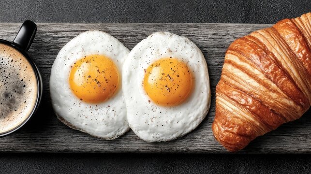 Sunny Side Up Eggs Seasoned with Pepper Beside Croissant and Coffee on Wooden Board
