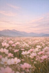 Obraz premium Serene pink flower field landscape.
