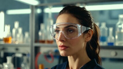 Fototapeta premium Female scientist wearing safety goggles in laboratory setting