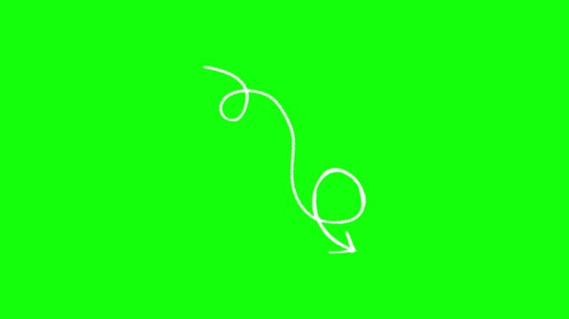 Animated white hand-drawn arrow drawing itself downwards, sketchy chalk style line art, isolated on green screen background.