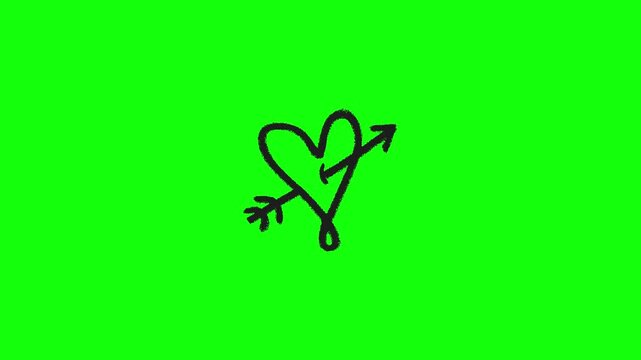 Animated black hand-drawn heart with an arrow through it, drawing itself on screen, sketchy line art style, isolated on green screen background.