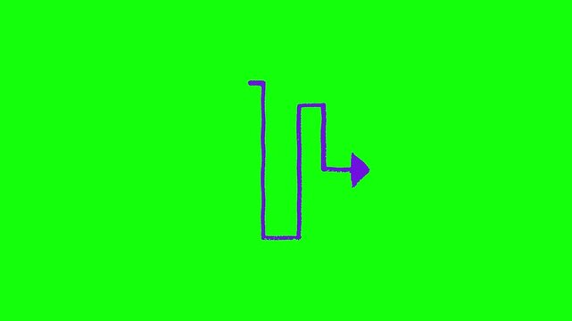 Animated purple hand-drawn arrow drawing itself along a zig-zag path, sketchy line art style, isolated on green screen background.