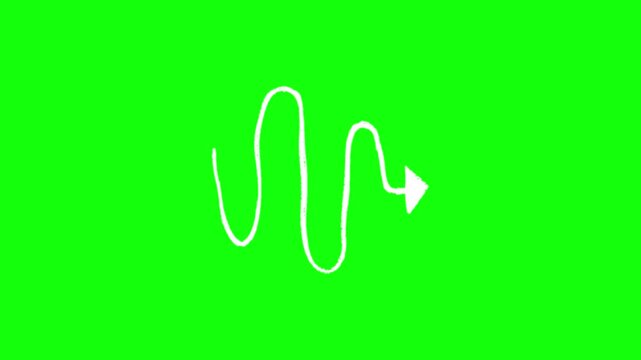 Animated white hand-drawn arrow drawing itself along a wavy path, sketchy chalk style line art, isolated on green screen background.