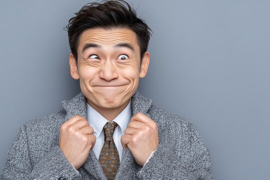 Funny Asian Businessman Making a Silly Goofy Cross Eyed Face for Stress Relief Humor Comic Portrait on a Grey Background in a Studio
