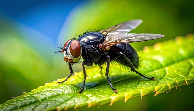 A close-up photo of a black fly on a green leaf
