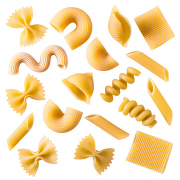 Assorted raw pasta shapes floating isolated on white background transparent background