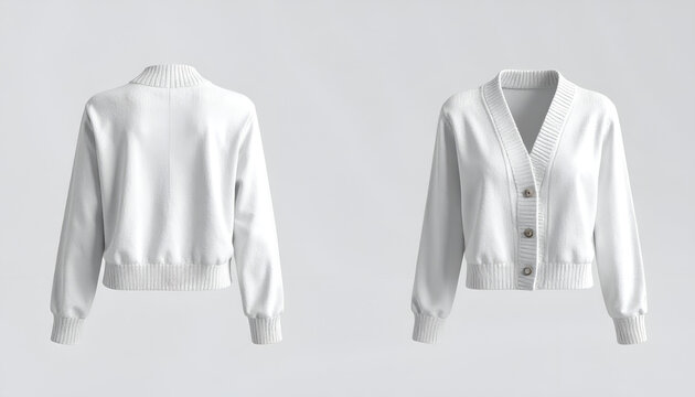 White knitted jacket mockup, back and front views, with ribbed cuffs, collar, and hem