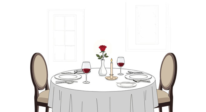 Romantic Dinner Table Setting for Two with Rose, Candle and Wine Glasses
