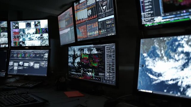 Modern operations center displaying satellite imagery of earth's atmosphere and weather systems on multiple screens, facilitating critical data analysis and meteorological observation