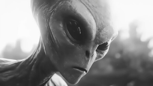 Monochrome Close-up Captivating Visual: Introspective Gaze of an Extraterrestrial Being Amidst an Enigmatic Landscape