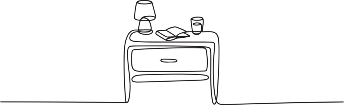 interior of the bedside table. Room table top. A cozy bedside tables. Place by the bed for things. Home cozy furniture. one line art icon drawing vector