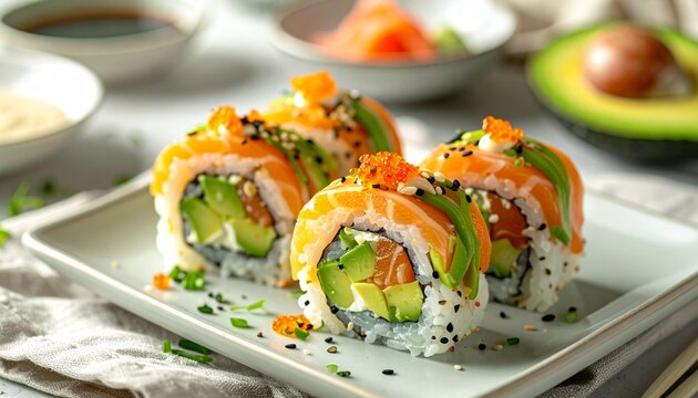 フュージョン寿司・アボカド・カリフォルニアロール・和洋折衷/Fusion sushi California roll with avocado, East meets West Japanese food, modern sushi culture