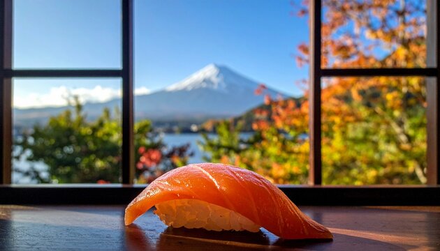 握り寿司・富士山・日本アイコン・和食・観光・海外向け/Nigiri sushi with Mount Fuji in background, iconic Japan symbol, Japanese food tourism photo