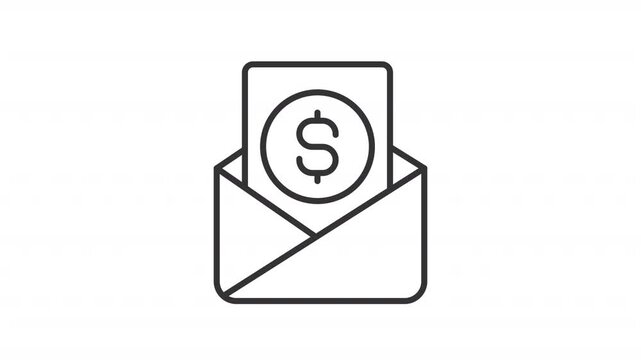 Animated payslip line icon. Envelope with dollar animation. Official record of payment. Employers document on payday. Salary. Outline element on white background. HD video with alpha channel
