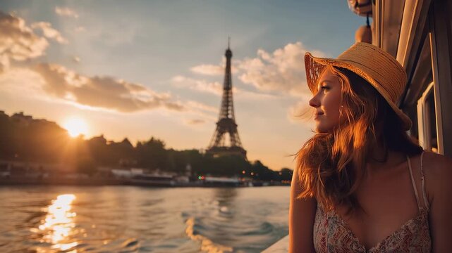 Beautiful girl enjoys sunset on a ship while looking at the Eiffel Tower in Paris during evening hours with warm colors in the sky
