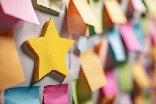 Yellow star icon on colorful sticky notes wall