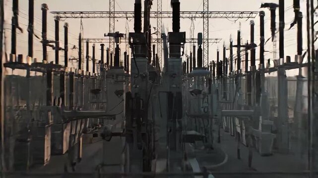 Electrical substation with rows of transformers, pylons and high voltage lines distributing power across a vast grid under a dramatic sunset sky, industrial infrastructure