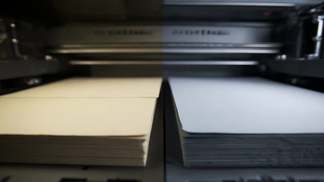 Printing machine mechanism preparing to load two stacks of blank paper, highlighting technology and efficiency in the printing industry and business operations