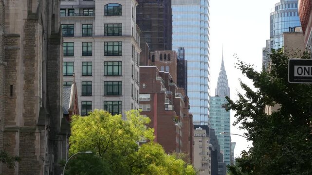 New York City Manhattan Midtown, United States of America. Skyscraper tower architecture. Chrysler building on 42 street. Lexington avenue in Turtle Bay. Urban cityscape in Midtown East. Lex av.