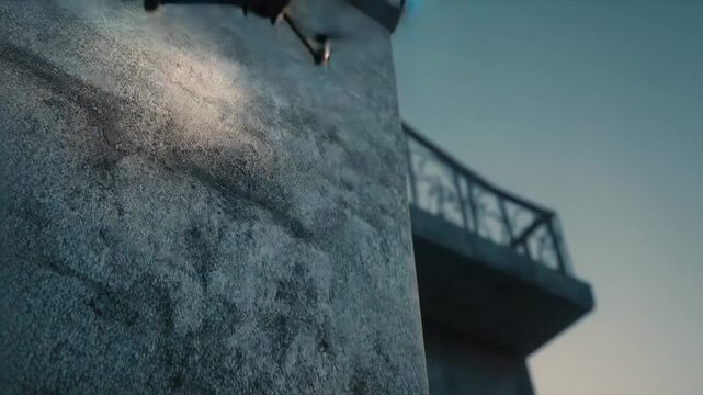 Advanced quadcopter drone with illuminated lights hovering near a concrete building during twilight, performing aerial monitoring and security operations using cutting edge technology