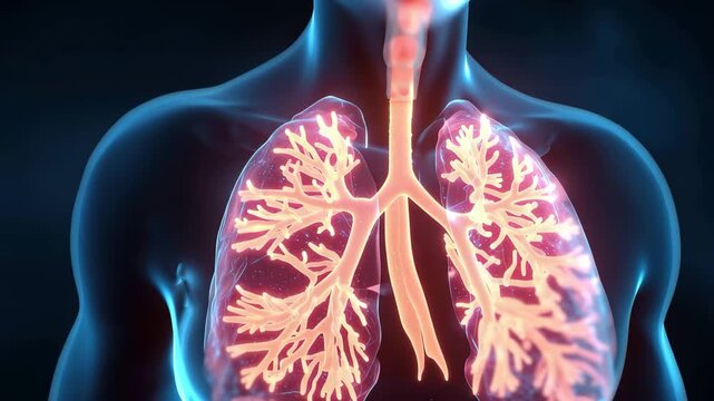 Rendered medical animation showing a man's lower respiratory tract with detailed structures and pathways including lungs, bronchi, and alveoli