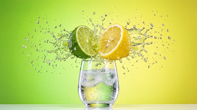 Refreshing splash of sliced lemon and lime falling into a glass of sparkling mineral water with ice cubes on a vibrant yellow and green gradient background, citrus fruit beverage concept